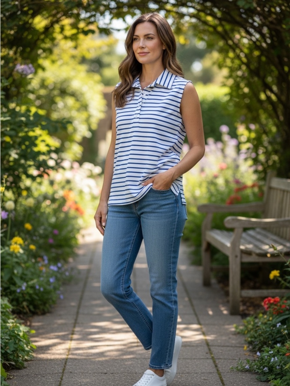 Lands’ End XL Sleeveless Blue White Striped Polo Top